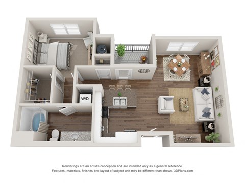 Floor plan for 1 bed, 1 bath, 744 sqft